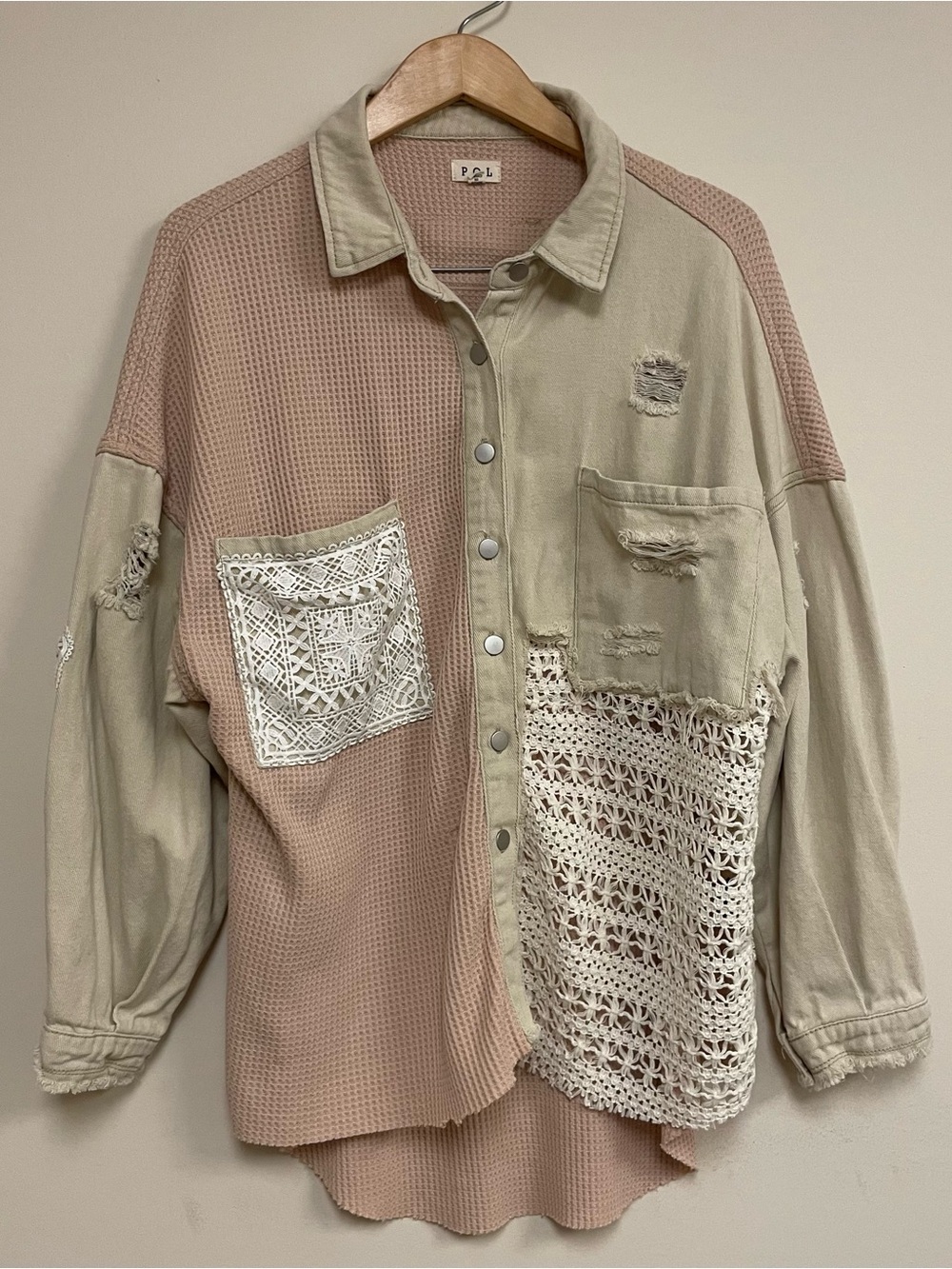 POL Women's Tan Pink Patchwork Shirt Jacket Mixed Media Size Medium